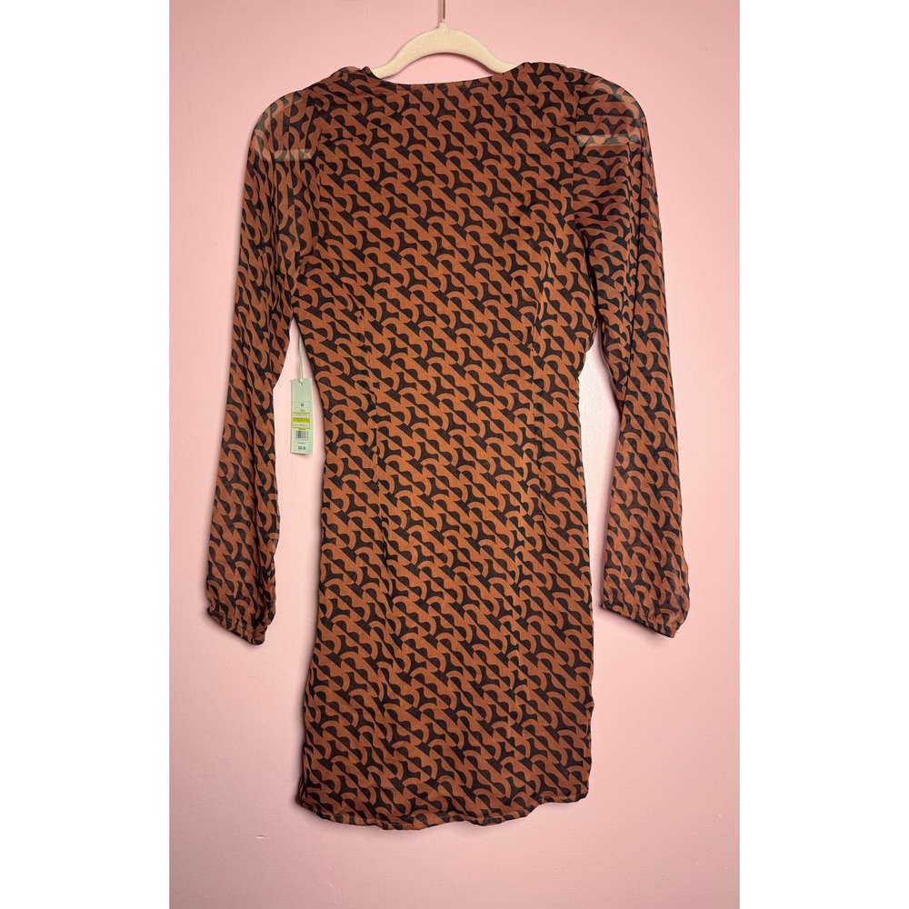A New Day Rust Brown Black Geometric Mesh Ruched Mini Dress XS NWT - Picture 3 of 6